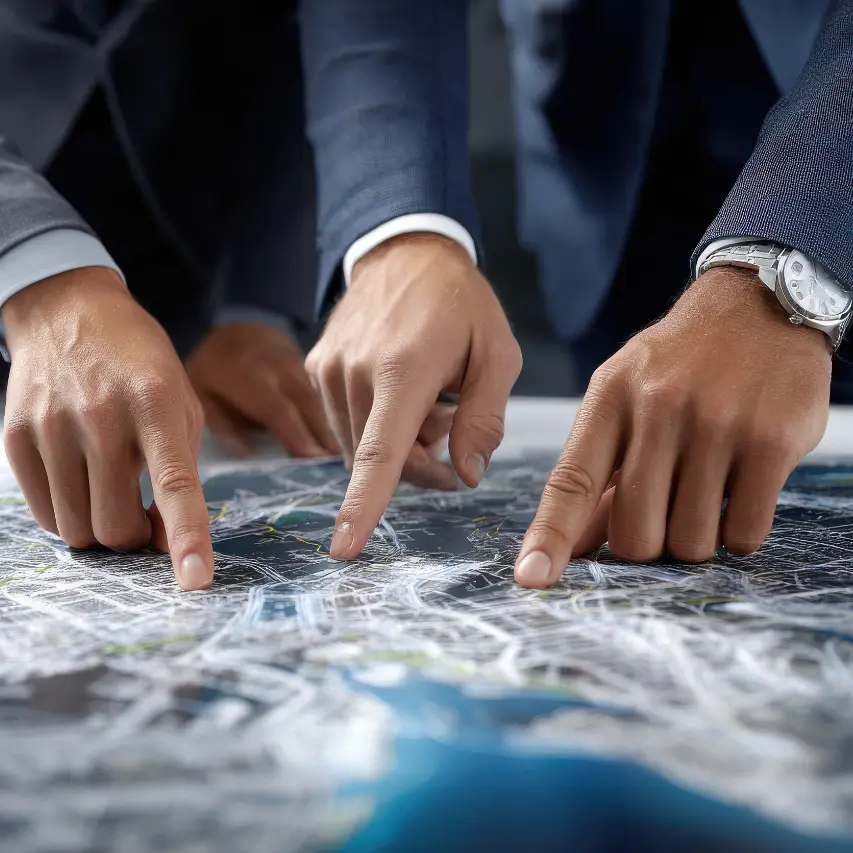 Two men are pointing at a map, one of them is wearing a watch